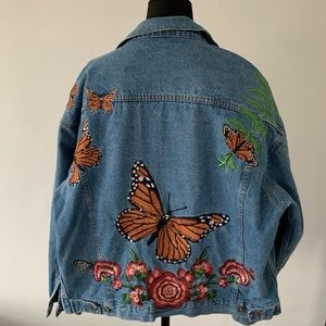 Oversized Floral Embroideries Denim Jacket